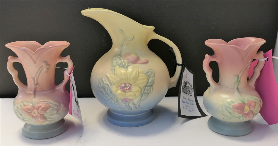 Hull Art Pottery Magnolia Flower Ewer - 5-7" and 2 5 1/2" Hull Wildflower Small Vases - One Has Small Nick and Other Overall Crazing 