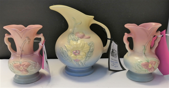 Hull Art Pottery Magnolia Flower Ewer - 5-7 and 2 5 1/2 Hull Wildflower Small Vases - One Has Small Nick and Other Overall Crazing 