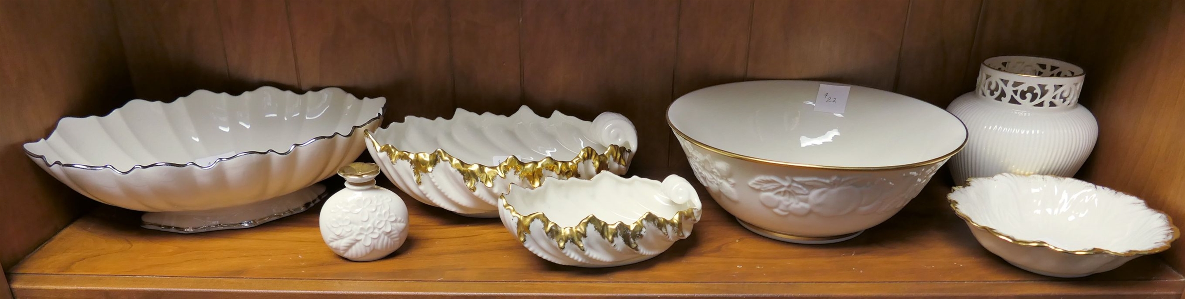 7 Pieces of Lenox including 11" Oval Bowl with Platinum Trim, 9" Fruit Bowl, Pierced Rim Vase, 2 Shell Dishes