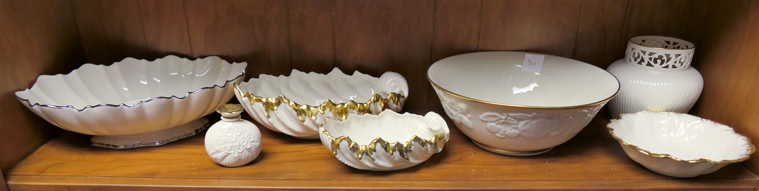 7 Pieces of Lenox including 11 Oval Bowl with Platinum Trim, 9 Fruit Bowl, Pierced Rim Vase, 2 Shell Dishes