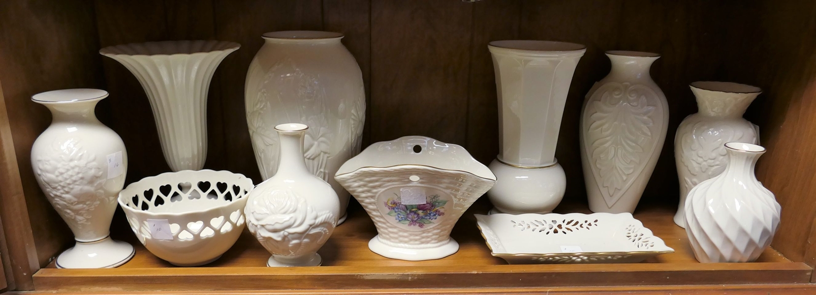 11 Pieces of Lenox including 10" Iris Vase, 6" Heart Pierced Bowl, 6" Swirl Vase, 