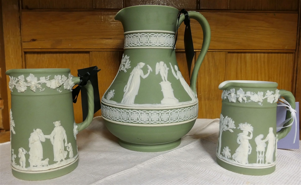 3 Pieces of Green Wedgwood Jasperware including 8" Pitcher, 4 1/2" Pitcher and 4" Pitcher
