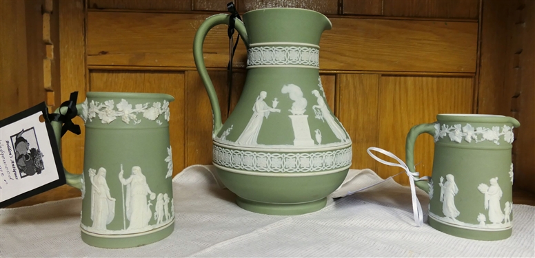3 Pieces of Green Wedgwood Jasperware including 8 Pitcher, 4 1/2 Pitcher and 4 Pitcher