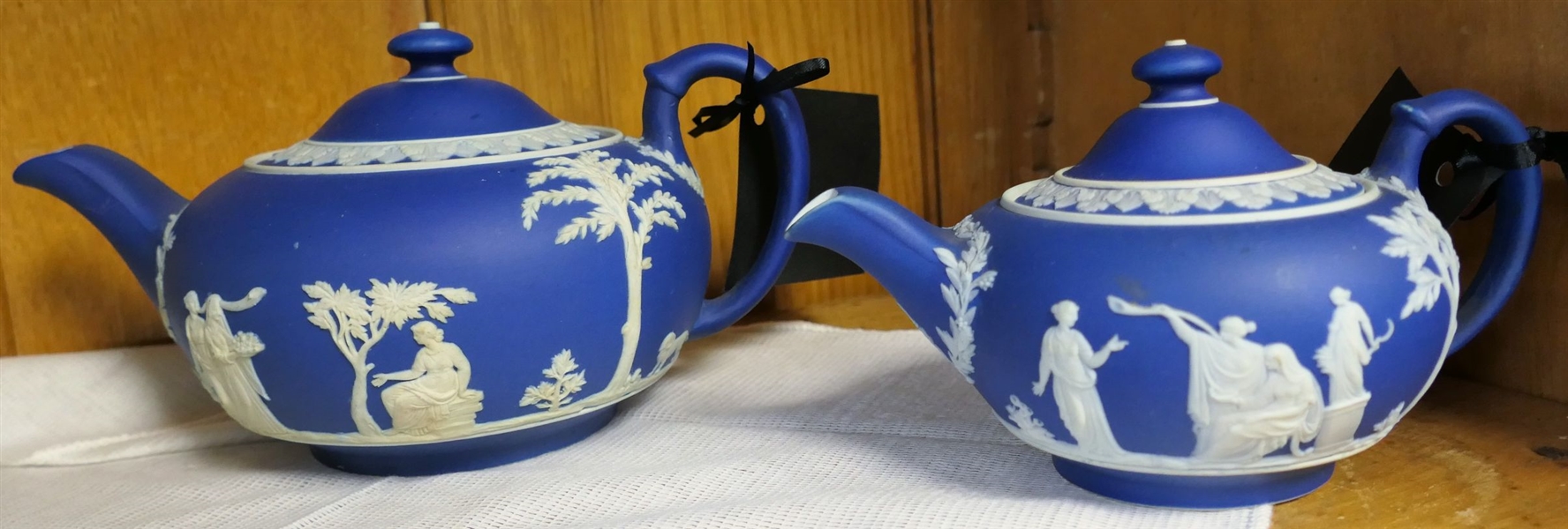 2 Dark Blue Wedgwood Jasperware Tea Pots Measuring 8" and 7" Spout To Handle