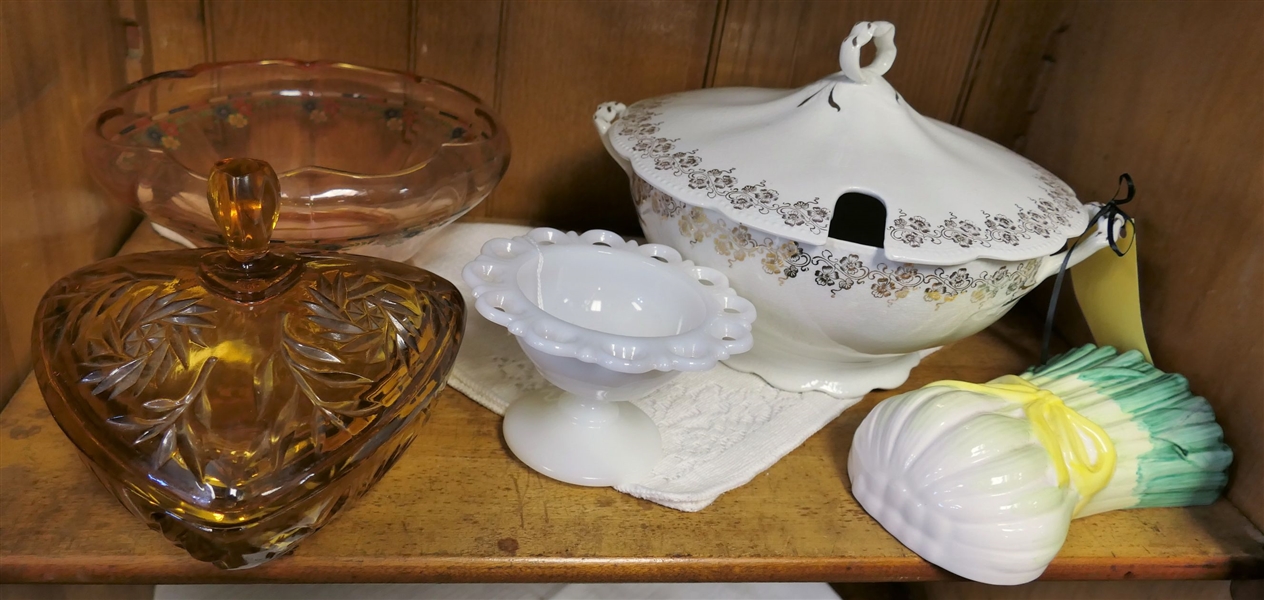 Shelf Lot including Pink Depression Footed Bowl, Homer Laughlin Tureen, Milk Glass Footed Bowl, and Amber Covered Candy Dish 