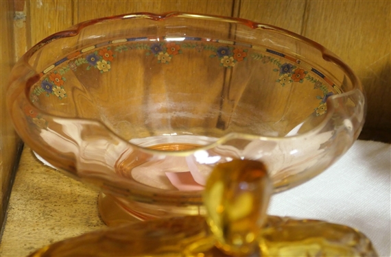 Shelf Lot including Pink Depression Footed Bowl, Homer Laughlin Tureen, Milk Glass Footed Bowl, and Amber Covered Candy Dish 