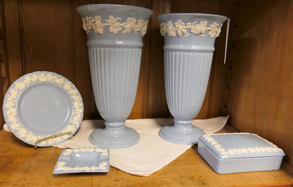 5 Pieces of Blue Wedgwood Queensware including Pair of Mantle Vases, Dresser Box, Ash Tray, and Small Plate - Vases Measure 11" Tall 