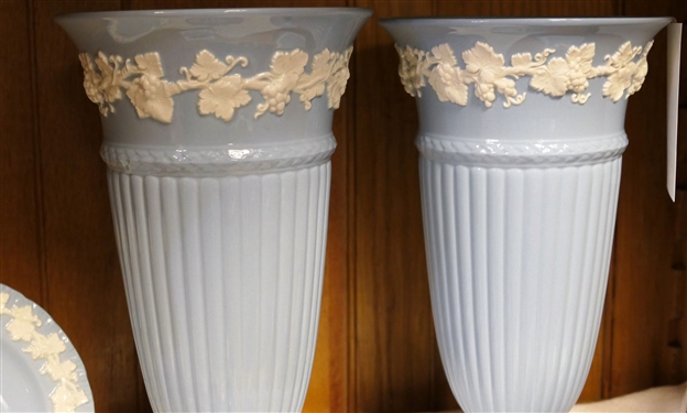 5 Pieces of Blue Wedgwood Queensware including Pair of Mantle Vases, Dresser Box, Ash Tray, and Small Plate - Vases Measure 11 Tall 
