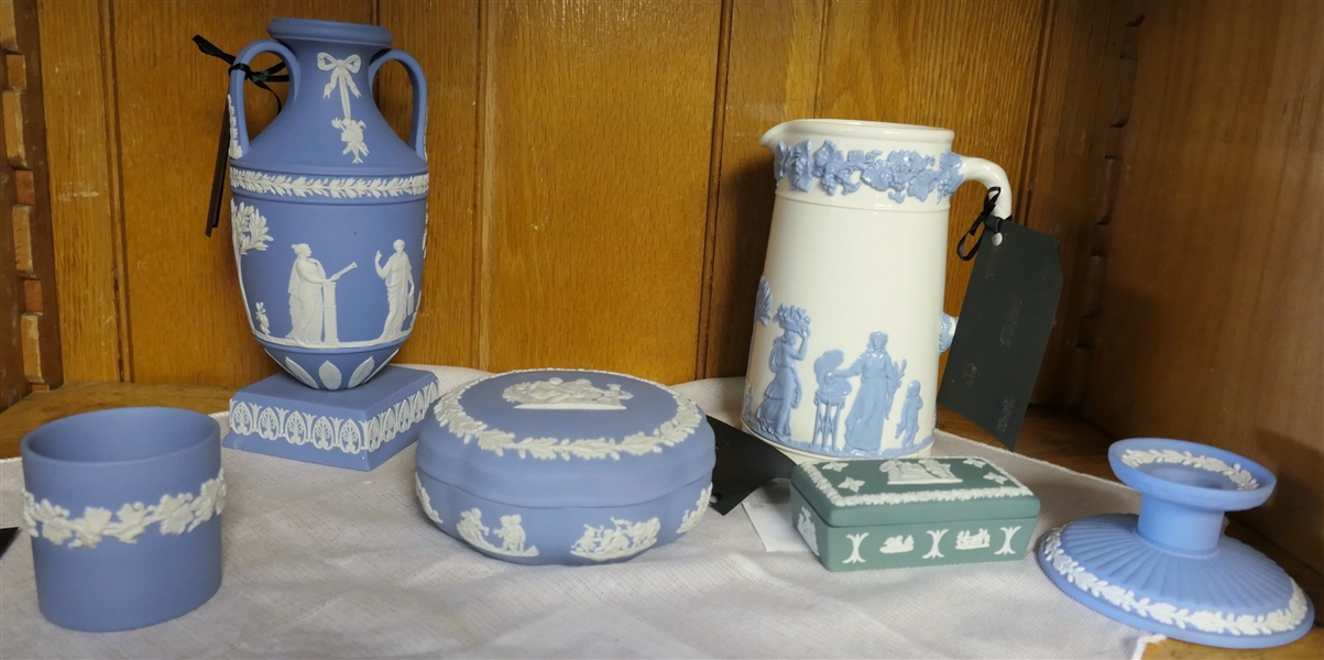 6 Pieces of Wedgwood Jasperware and Queensware including Pitcher, Double Handled Vase, Candle Stick, and Dresser Boxes - Vase Measures 8" Tall