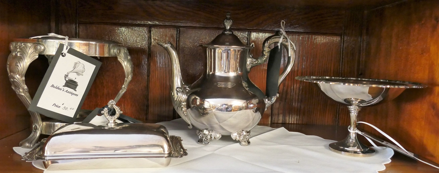 Lot of Silverplate including Tea Pot, Compote - Trophy, Butter Dish, and Warming Stand