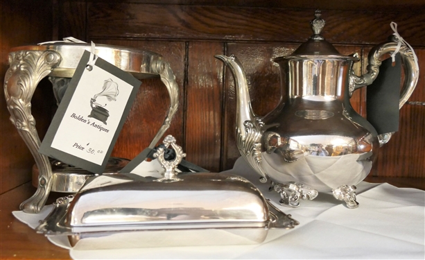 Lot of Silverplate including Tea Pot, Compote - Trophy, Butter Dish, and Warming Stand