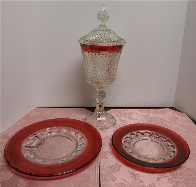 Diamond Point Ruby Flash Large Candy Dish and 2 Ruby Flash Plates - 1 Has Some Wear -Smallest Plate Measures 8" Across