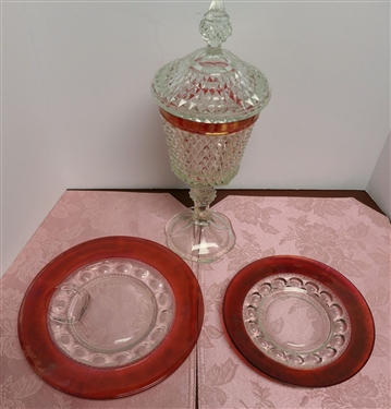 Diamond Point Ruby Flash Large Candy Dish and 2 Ruby Flash Plates - 1 Has Some Wear -Smallest Plate Measures 8 Across