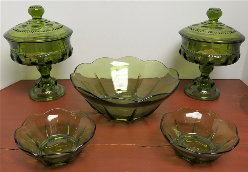 5 Pieces of Olive Green Glassware including 2 Kings Crown Candy Dishes and 3 Bowls - Candy Dishes Measure 7" tall 