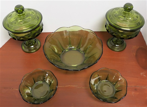 5 Pieces of Olive Green Glassware including 2 Kings Crown Candy Dishes and 3 Bowls - Candy Dishes Measure 7 tall 
