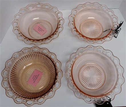 4 Pink Depression Open Lace Bowls - 1 Ribbed - Bowls Measure 9 3/4 Across