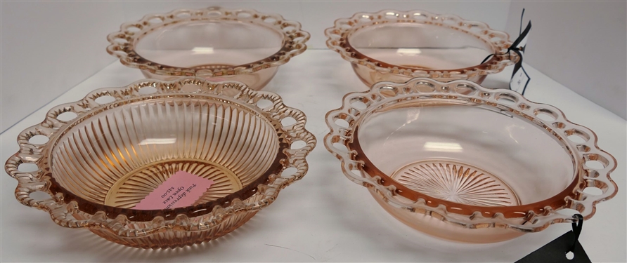 4 Pink Depression Open Lace Bowls - 1 Ribbed - Bowls Measure 9 3/4 Across
