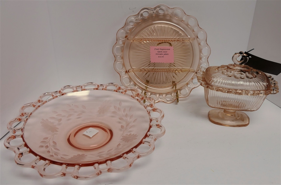 3 Pieces of Pink Open Lace including Etched Bowl, Divided Plate, and Rectangular Footed Candy Dish - Plate Measures 10" Across