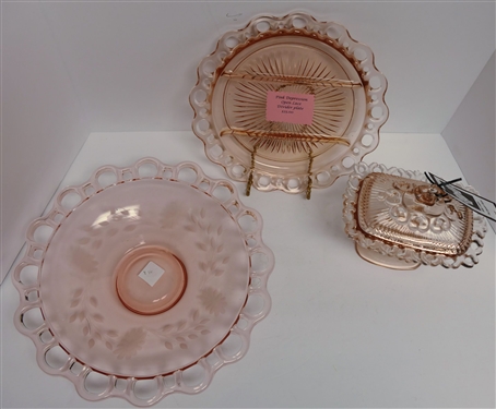 3 Pieces of Pink Open Lace including Etched Bowl, Divided Plate, and Rectangular Footed Candy Dish - Plate Measures 10 Across