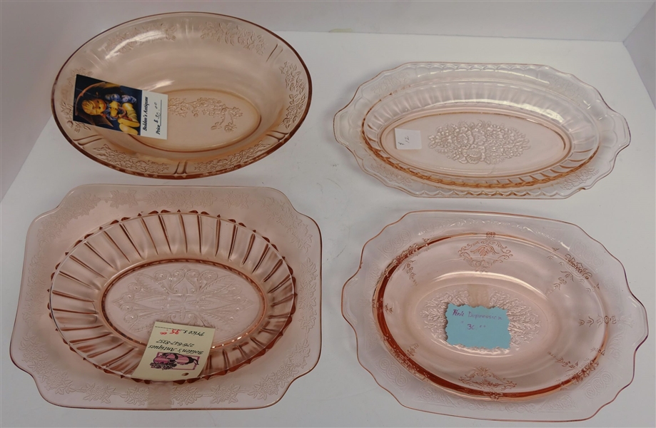 4 Pieces of Pink Depression Glass including Madrid, Open Rose, Cabbage Rose, and Cherry Blossom -Cherry Blossom Bowl Measures - 10" by 7 1/2" 