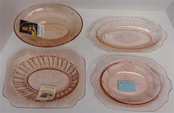 4 Pieces of Pink Depression Glass including Madrid, Open Rose, Cabbage Rose, and Cherry Blossom -Cherry Blossom Bowl Measures - 10 by 7 1/2 