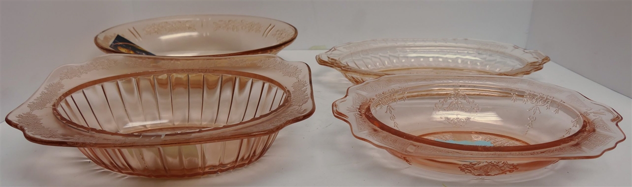 4 Pieces of Pink Depression Glass including Madrid, Open Rose, Cabbage Rose, and Cherry Blossom -Cherry Blossom Bowl Measures - 10 by 7 1/2 