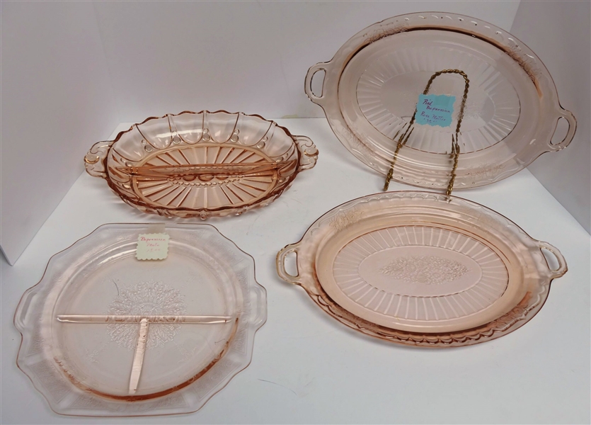 4 Pieces of Pink Depression including Grill Plate, 2 Oval Platters (1 is Chipped) and Divided Oval Dish - Divided Bowl Measures 12" by 7 1/2" 