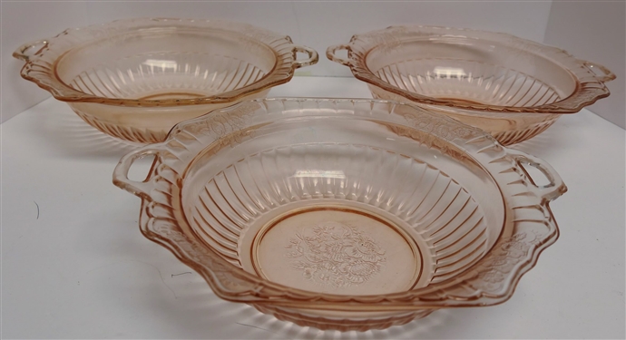 3 Pink Depression Handled Bowls - Each Bowl Measures 1 1/4 by 10 1 Has Some Rough Places on Edges
