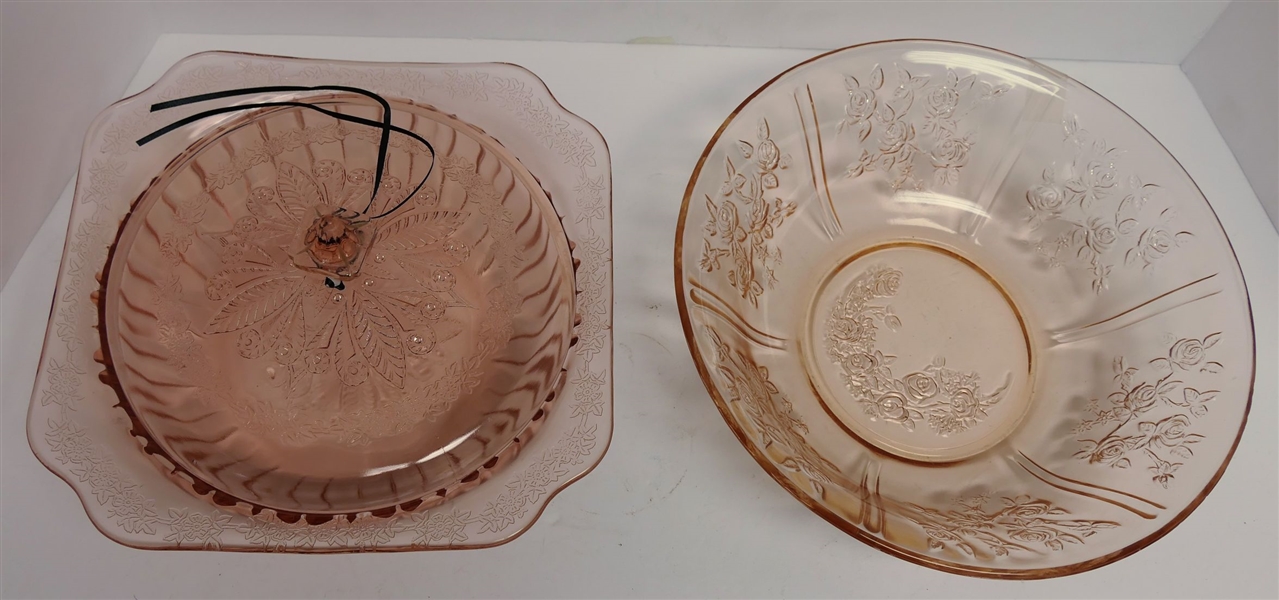 Adams Pink Depression Lidded Bowl and Open Rose Bowl - Open Rose Measures 10 1/4" Across