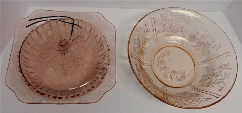 Adam's Pink Depression Lidded Bowl and Open Rose Bowl - Open Rose Measures 10 1/4 Across