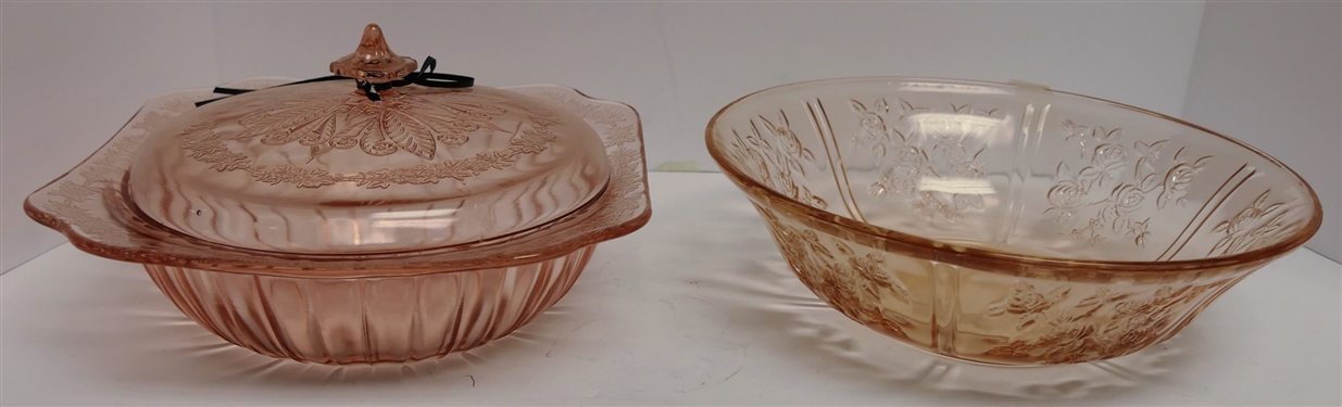 Adam's Pink Depression Lidded Bowl and Open Rose Bowl - Open Rose Measures 10 1/4 Across