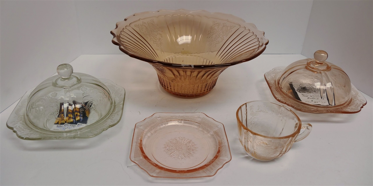 Lot of Depression Glass including Open Rose Bowl, Madrid Butter Dishes, Madrid Cup, and Princess Saucer - Open Rose Bowl Measures 12" Across