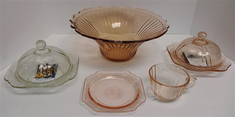Lot of Depression Glass including Open Rose Bowl, Madrid Butter Dishes, Madrid Cup, and Princess Saucer - Open Rose Bowl Measures 12 Across