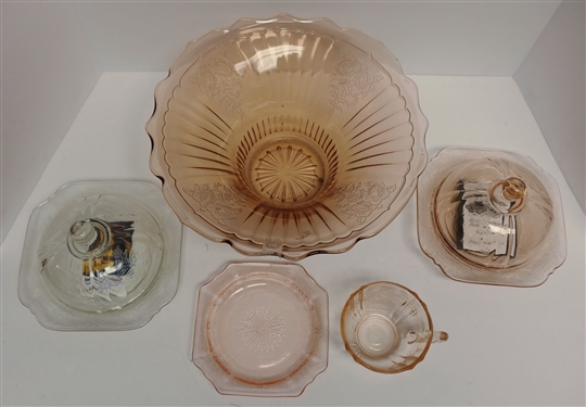 Lot of Depression Glass including Open Rose Bowl, Madrid Butter Dishes, Madrid Cup, and Princess Saucer - Open Rose Bowl Measures 12 Across