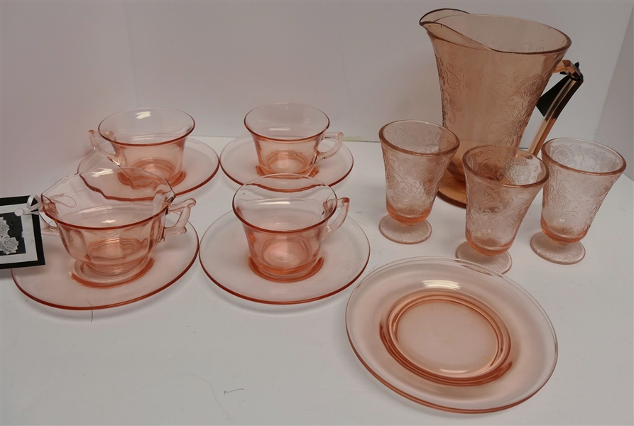 Lot of Pink Glass - 3 Cambridge Cup & Saucers, 3 Saucers, Sugar Bowl, and Modern Pitcher and 3 Glasses Set - Pitcher Measures 7" Tall 