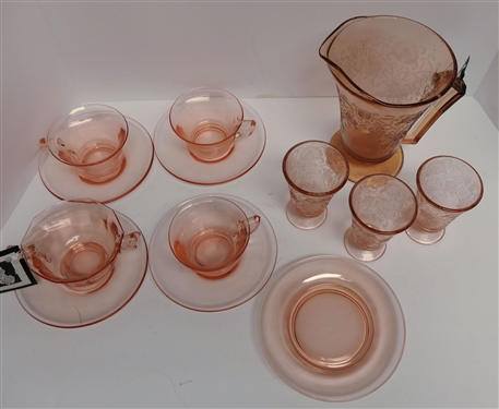 Lot of Pink Glass - 3 Cambridge Cup & Saucers, 3 Saucers, Sugar Bowl, and Modern Pitcher and 3 Glasses Set - Pitcher Measures 7 Tall 