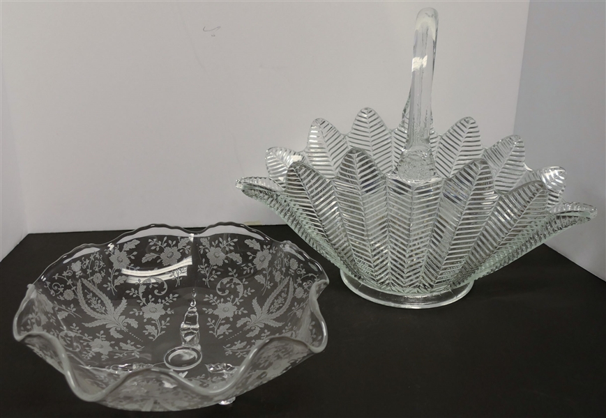 Elegant Etched Glass Footed Bowl and Large Glass Basket  - Bowl Measures 8 1/2" Across, Basket Measures 10" To Handle