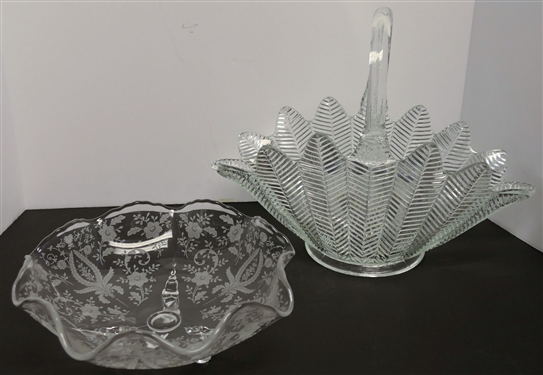 Elegant Etched Glass Footed Bowl and Large Glass Basket  - Bowl Measures 8 1/2 Across, Basket Measures 10 To Handle