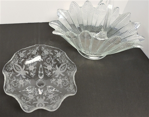 Elegant Etched Glass Footed Bowl and Large Glass Basket  - Bowl Measures 8 1/2 Across, Basket Measures 10 To Handle