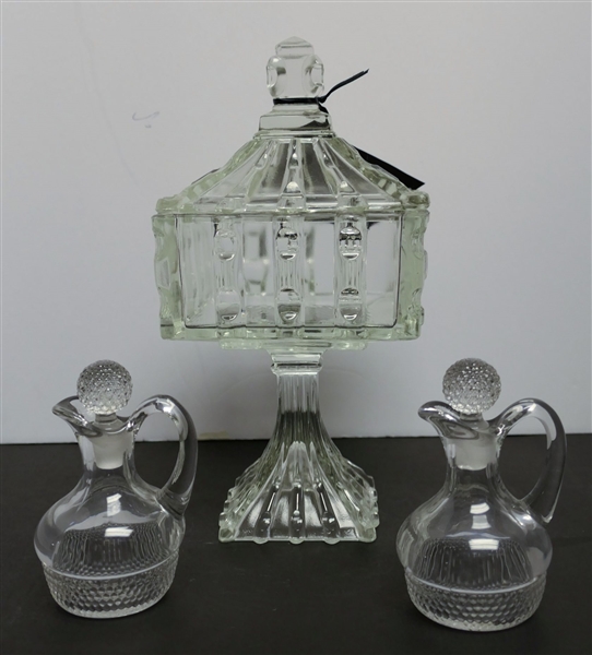 Glass Preserve Stand and 2 Cruets - Preserve Stand measures 10" Tall 