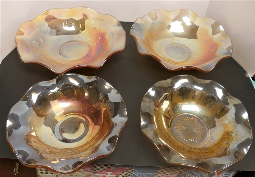 4 Iris and Herringbone Carnival Glass Bowls - 2 Measure 12" and 2 Measure 9 3/4" 