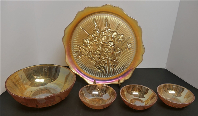 5 Pieces of Carnival Iris and Herringbone - 11 Platter, 8 bowl, and 4 1/2 Bowls
