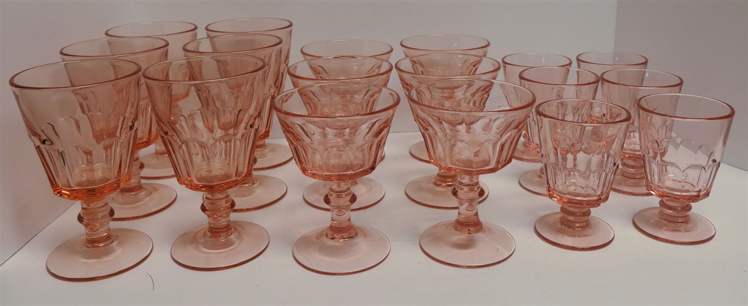 18 Pink Jamestown Glasses - Measuring 6" 5" and 4" 