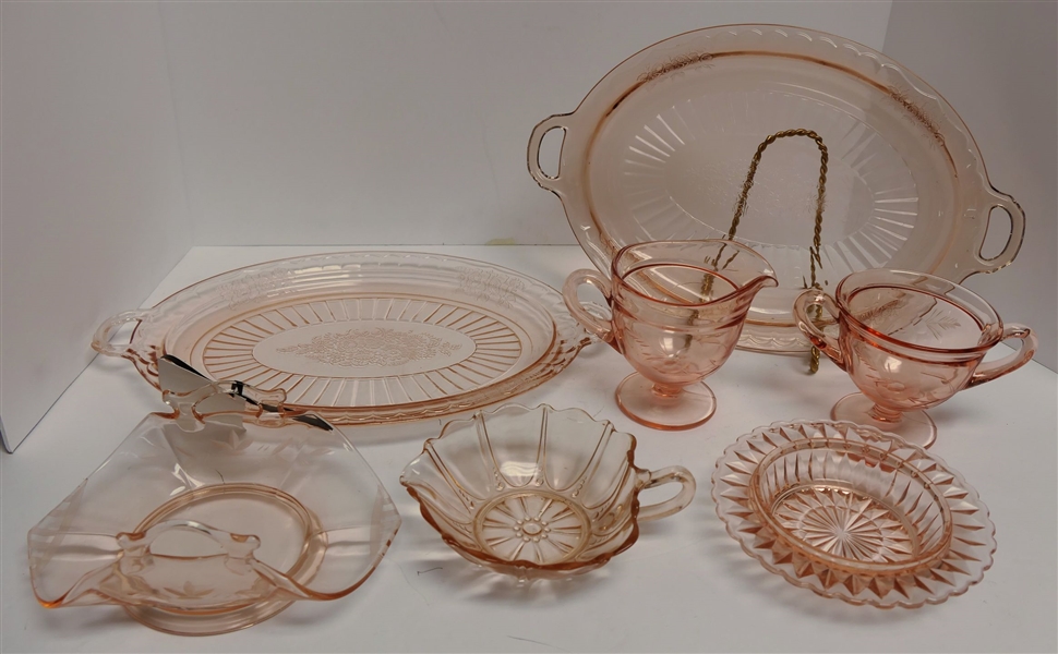 7 Pieces of Pink Depression Glass including 2 Open Rose Platters, Etched Cream and Sugar Set, Nappy, - Platters Measure 12" Across