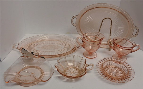 7 Pieces of Pink Depression Glass including 2 Open Rose Platters, Etched Cream and Sugar Set, Nappy, - Platters Measure 12 Across