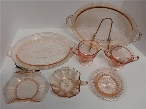 7 Pieces of Pink Depression Glass including 2 Open Rose Platters, Etched Cream and Sugar Set, Nappy, - Platters Measure 12 Across