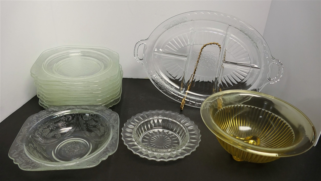 12 Pieces of Depression Glass and Yellow Mixing Bowl - Divided Platter Measures 12" Across - Plates Measure 7 1/2" Across