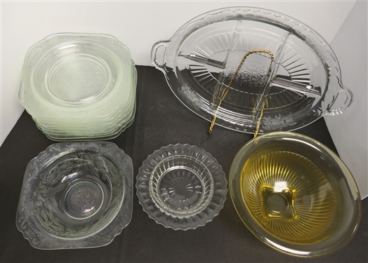 12 Pieces of Depression Glass and Yellow Mixing Bowl - Divided Platter Measures 12 Across - Plates Measure 7 1/2 Across