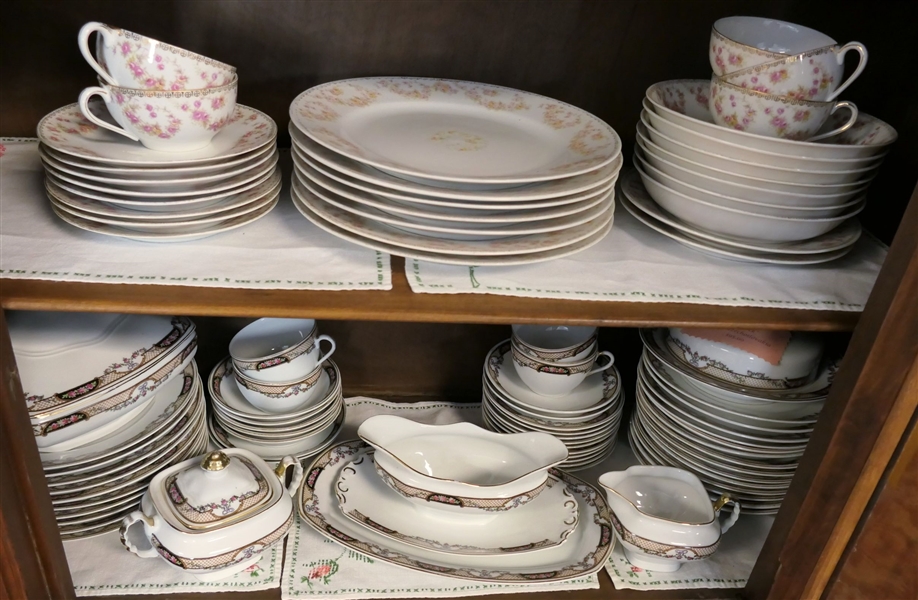 2 Shelves of China including 29 Pieces of Hand Painted Nippon with Pink Flowers and 53 Pieces of White Block China