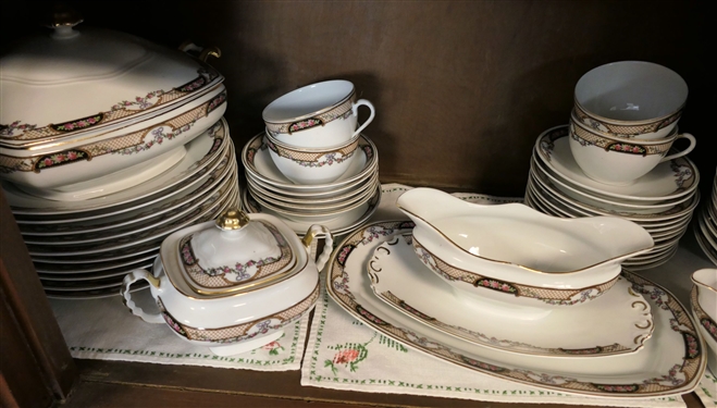 2 Shelves of China including 29 Pieces of Hand Painted Nippon with Pink Flowers and 53 Pieces of White Block China